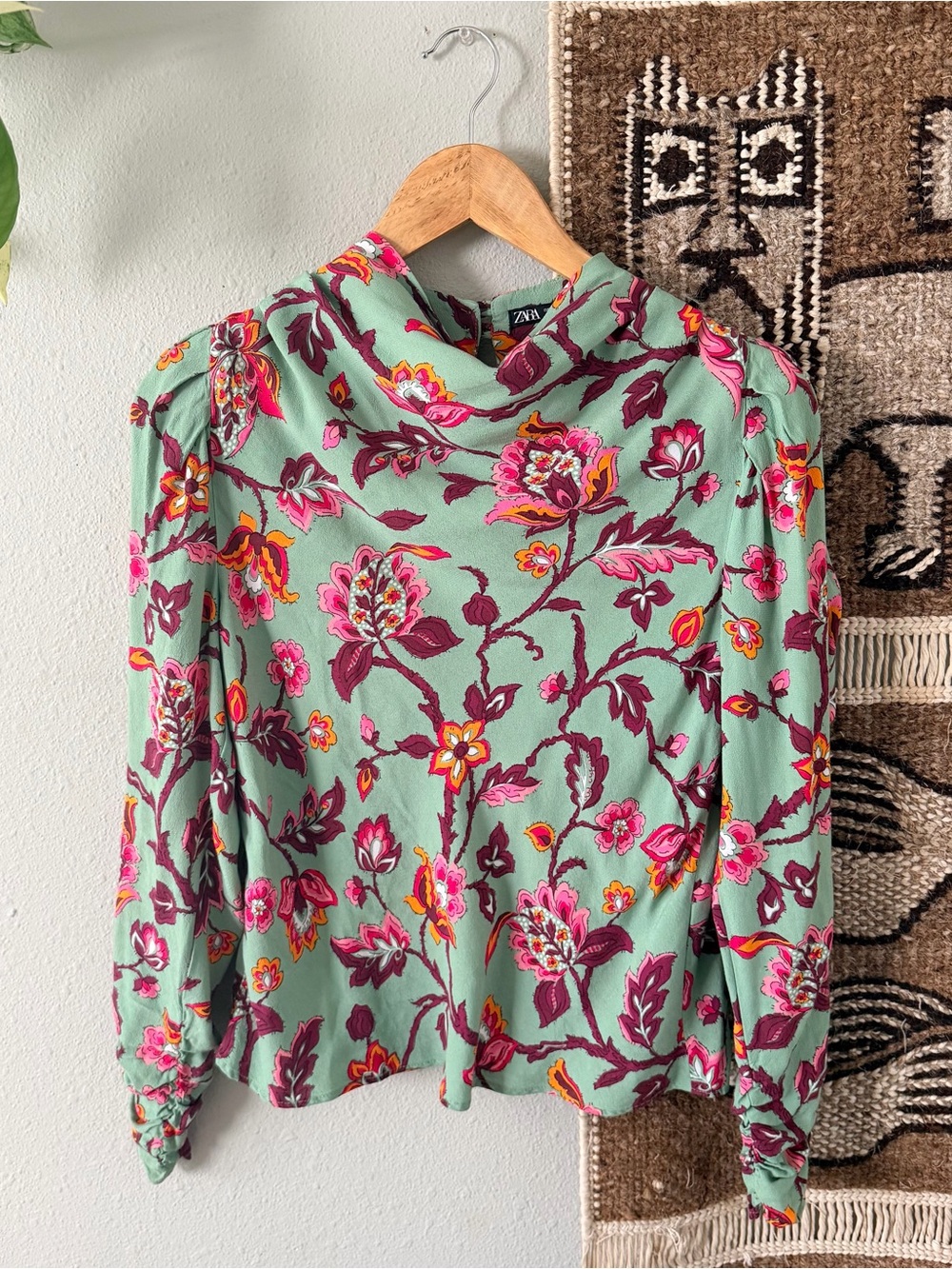 Zara green floral print blouse with slight cowl neck and long sleeves